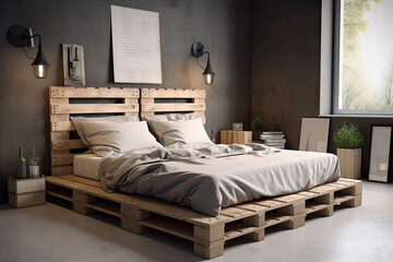 Fototapeta na wymiar Pallet reuse, bed in modern interior.