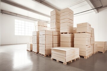 Lots of wooden boxes in a light warehouse.