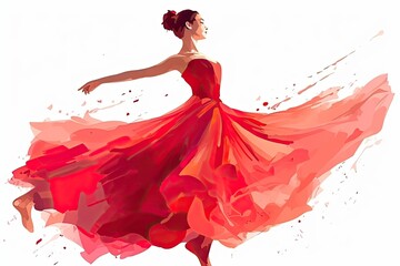A ballerina in a red dress dances to the music on a white background.