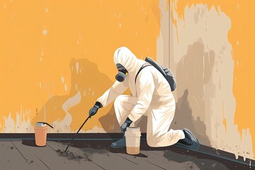 A man in a chemical protection suit removes the fungus in the apartment.