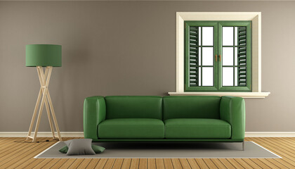 Brown Living room with green sofa and window - 3d rendering
