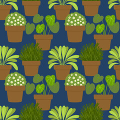 Houseplant seamless pattern on dark blue background. Botanical garden wallpaper. 