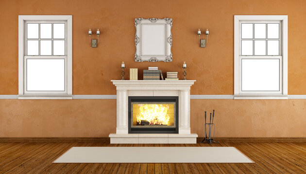 Empty retro room with fireplace and two windows - 3d rendering