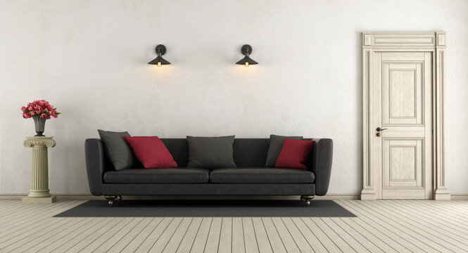 Living room in classic style with leather sofa,pedestal with roses and wooden closed door - 3d rendering