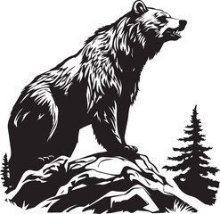Grizzly Bear On A Cliff Looking Over a Forest Logo Monochrome Design Style