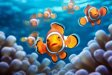 Clown anemonefish swimming in anemonene life - obrazy, fototapety, plakaty