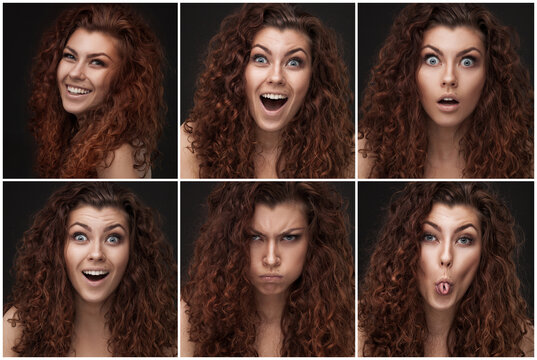 set of emotional portraits of woman with healthy brown curly hair over dark grey background