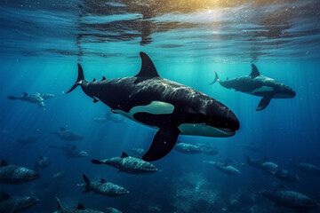 Obraz premium Killer whale swimming in the deep blue ocean with sunbeams