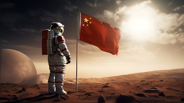 A Chinese astronaut sets up a Chinese flag on an alien planet. AI generation