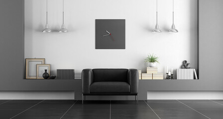 Fototapeta na wymiar Black and white living room with leather armchair - 3d rendering