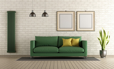 Modern living room with green sofa and vertical heater on brick wall - 3d rendering