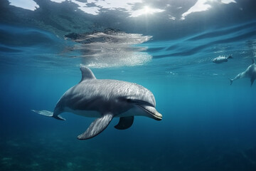 White whale swimming in the blue sea. Underwater photography. 3d rendering - obrazy, fototapety, plakaty