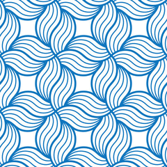 Abstract geometric composition with blue striped waves on a white background. Seamless repeating pattern. Textile graphic texture. Stylish modern design. Vector illustration.