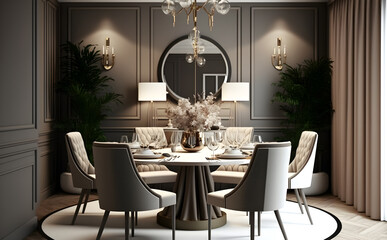 Luxury dining room interior with classic furniture, Generative AI