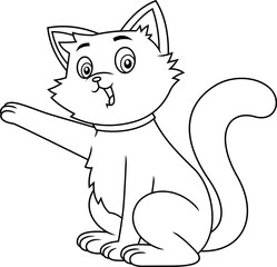 Outlined Funny Cat Cartoon Character Gives Paw. Vector Hand Drawn Illustration Isolated On Transparent Background