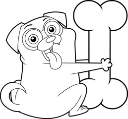 Outlined Funny Pug Dog Cartoon Character Holds A Big Bone. Vector Hand Drawn Illustration Isolated On Transparent Background