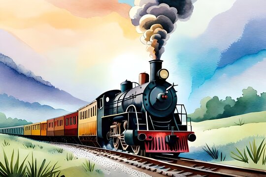 Watercolor Steam engine train background Generative AI