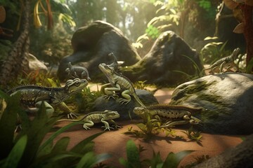 A detailed illustration of a group of reptiles or amphibians, such as lizards or frogs, in a fascinating and exotic environment, Generative AI