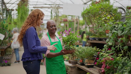 Senior Lady Helping Young Female Client at Local Gardening Shop. An African American elder woman advising customer on plant purchase in a small business Flower Store