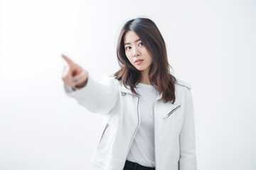 Pointing finger of an Asian girl highlights vacant space on a white background, making it a prime choice for a promotional advertising banner. Generative AI.