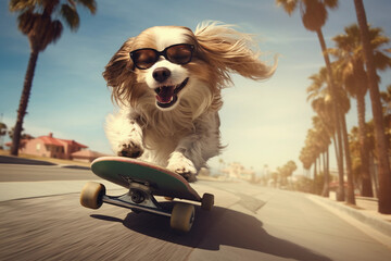 Skateboarding dog, dog, happy animal