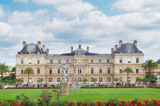 Luxembourg garden with green lawn at summer day, Paris, France