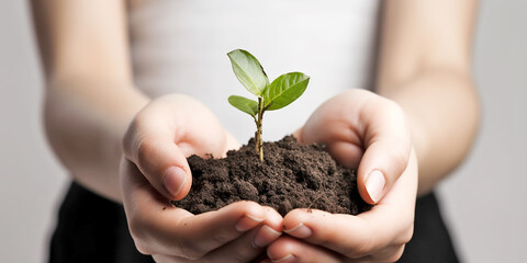 a small green sprout of a plant grows from a handful of earth in human palms, close-up. Generative AI
