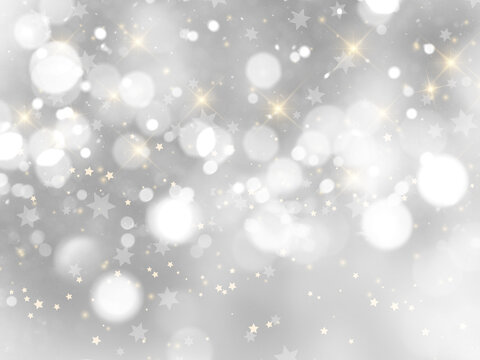 Silver Christmas background with bokeh lights and stars