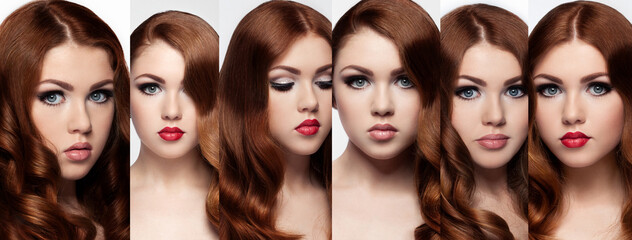 Obraz premium Ginger red long hair.Fashion portrait red lips on white background