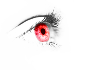 Vampire eye. Red pupil. Red eye close-up isolated. Macro 