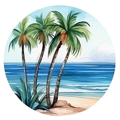 Fototapeta na wymiar Beach, watercolor, stamp, travel, illustration, vintage, card, design, symbol, sea, Elements, Generative AI
