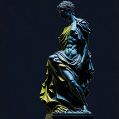 Fototapeta premium Against the black backdrop, a Greek male sculpture emerges, its form coated in vibrant yellow paint. Generative AI.