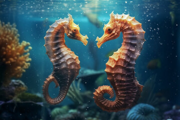 two seahorses in the aquarium. Underwater life concept. - obrazy, fototapety, plakaty