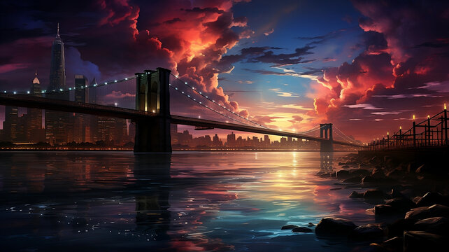 Brooklyn Bridge at night, Powerful night sky, Oil painting effect Ai Generative