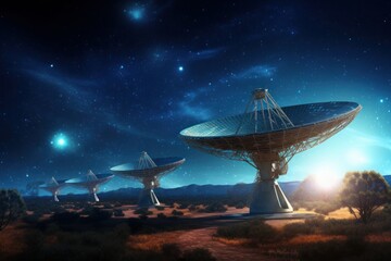 Radio Telescope Array under Starry Sky: A series of large radio telescopes pointing toward a starry night sky.  Generative AI