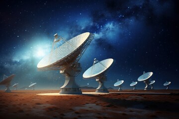 Radio Telescope Array under Starry Sky: A series of large radio telescopes pointing toward a starry night sky.  Generative AI