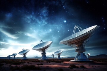 Radio Telescope Array under Starry Sky: A series of large radio telescopes pointing toward a starry night sky.  Generative AI