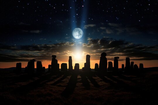 Solar Eclipse over Stone Circle: A mystical stone circle silhouetted against a total solar eclipse. Generative AI