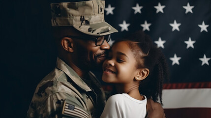 Happy african american father wearing military uniform and his daughter embracing, holding usa flag - obrazy, fototapety, plakaty
