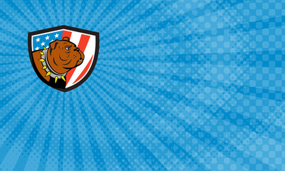 Business card showing Illustration of a bulldog head looking to the side set inside shield crest with usa american stars and stripes flag in the background done in cartoon style.