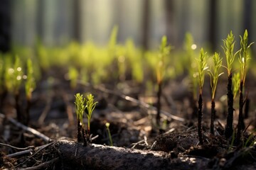Burnt Forest Regrowing: A forest recovering from wildfire, with green shoots emerging from charred trunks. Generative AI