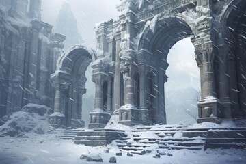 Ancient Ruins in a Snowstorm: Snow-covered ancient ruins with columns and arches during a blizzard.  Generative AI