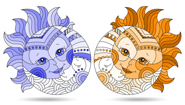 A set of illustrations in the style of a stained glass window with the sun and moon isolated on a white background, tone blue and brown