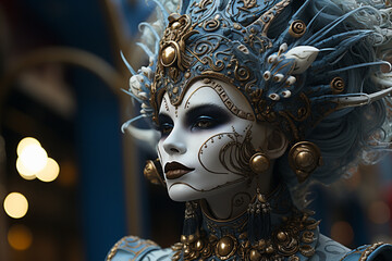 Naklejka premium Young beautiful woman in beautiful venecian mask. Beautiful venecian mask. Venice. Carnival. Generative Ai