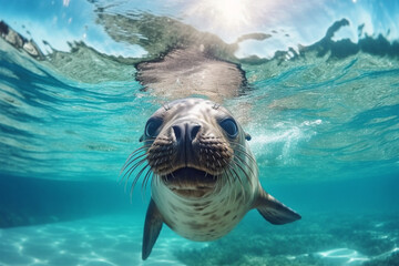 Funny sea lion swimming underwater in the ocean. Animal theme.