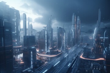 A futuristic cityscape with advanced medical and healthcare technology, Generative AI