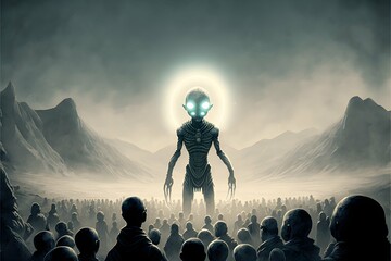 alien with a halo preaching to a crowd in an alien landscape 