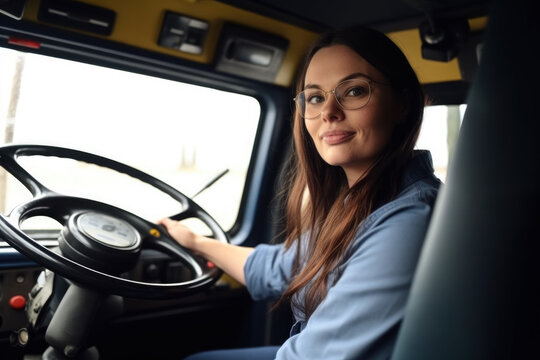 Woman sitting behind steering wheel of bus or truck. Female large vehicle driver concept. Generative AI