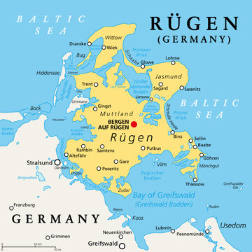Rügen or Rugia, largest island of Germany, political map. Located off the Pomeranian coast in the Baltic Sea, separated by Strelasund sound. The Hanseatic city of Stralsund is gateway to the island.