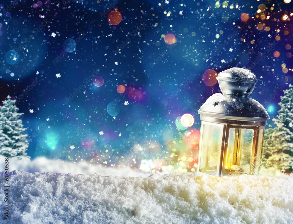 Sticker xmas decoration background with lantern on snow